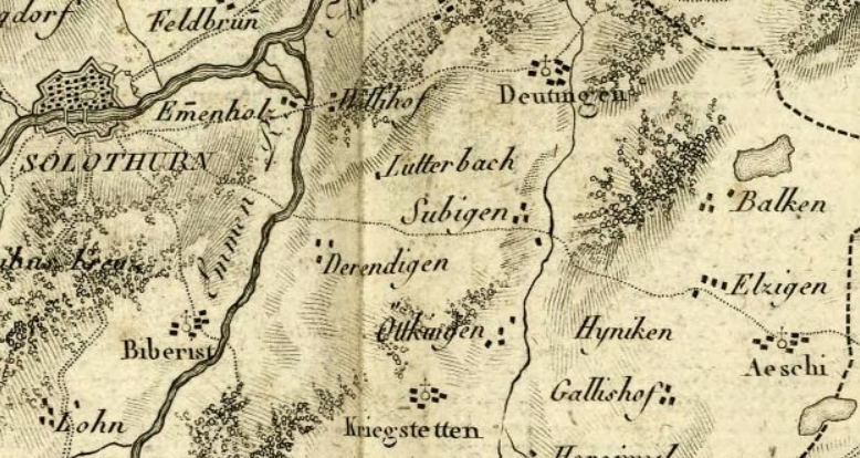 Darstellungen von Etziken im Lauf der Zeit (4): Der "Atlas Suisse" des Aarauer Industriellen Johann Rudolf Meyer (1739-1813), entstanden in den Jahren 1786-1802 und erschienen 1796-1802, ist das älteste Kartenwerk, das die ganze Schweiz umfasst und auf wissenschaftlicher Vermessung beruht. Etziken, hier "Elzigen" genannt, ist - obschon nur mit vier Gebäuden - als Siedlung dargestellt.