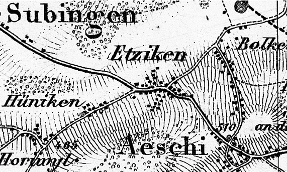 Darstellungen von Etziken im Lauf der Zeit (5): Etziken auf der Erstausgabe der Dufourkarte (1845-1865), der ersten amtlichen Karte der Schweiz, Blatt 007 Porrentruy-Solothurn, Datenbestand 1845, Publikation 1848; diese Karte besticht durch ihre Detailtreue, für Etziken sind 42 Gebäude erkennbar