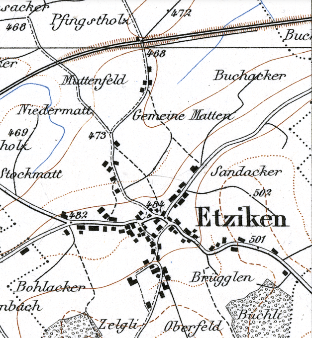 Darstellungen von Etziken im Lauf der Zeit (6): Topographischer Atlas der Schweiz, sog. Siegfriedkarte (1870-1926); der Ausschnitt aus dem Blatt 127 (Aeschi), Datenbestand 1884, zeigt, im Vergleich zur Dufourkarte links, die Entwicklung des Dorfes; man beachte auch die 1857 eröffnete Bahnstrecke Solothurn - Herzogenbuchsee (oben im Bild)