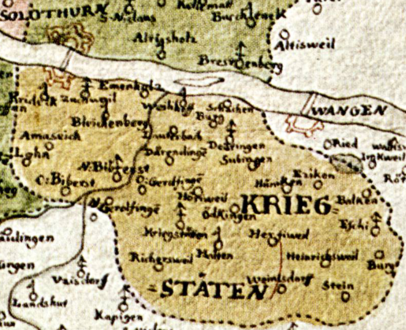 Darstellungen von Etziken im Lauf der Zeit (2): Ausschnitt aus der ältesten Karte des Kantons Solothurn, der "Grundlager des Canton Solothurn", entstanden um 1690, erstellt vom Solothurner Stadtarzt Mauritius Grimm (1634-1706); Etziken, hier vermutlich das erste Mail in einer Landkarte dargestellt und Ezikon genannt, ist als kleiner runder Kreis mit Beschriftung zu finden über dem G des mit Grossbuchstaben geschriebenen KRIEG= =STÄTEN.