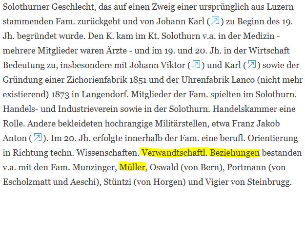 Abbildung des Artikels "Kottmann" des Historischen Lexikons der Schweiz; Autor Othmar Noser, Version: 05.10.2011; die Nennung der verwandtschaftlichen Beziehung der Kottmann zu den Müller von Etziken, die später das Bürgerrecht von  Solothurn annehmen, ist markiert