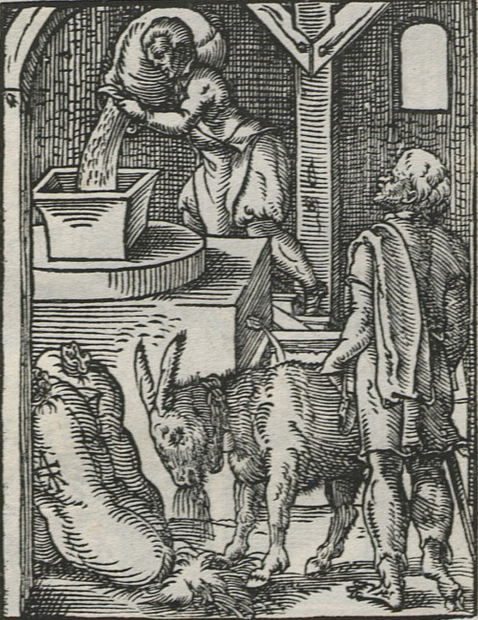 Der Müller bei der Arbeit; Illustration aus dem sog. Ständebuch (Eygentliche Beschreibung aller Stände auff Erden hoher und nidriger, geistlicher und weltlicher, aller Künsten, Handwercken und Händeln...) von Jost Amman und Hans Sachs aus dem Jahre 1568