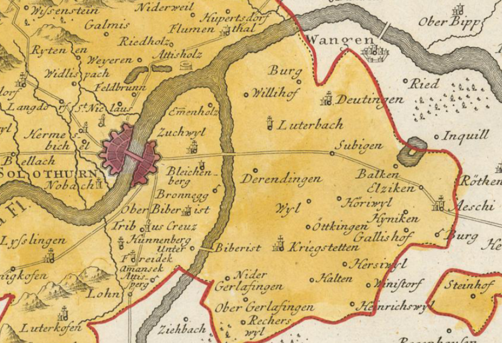 Darstellungen von Etziken im Lauf der Zeit (3): Der "Atlas novus Reipublicae Helveticae", erschienen im Jahr 1766 beim Verlag der Homännischen Erben in Nürnberg, erstellt vom Schweizer Pfarrer, Historiker und Geograph Gabriel Walser (1695-1776), ist da schon etwas genauer und detaillierter:  Wir können zum Beispiel in diesem Ausschnitt erkennen, dass durch "Elziken" eine Strasse führt.