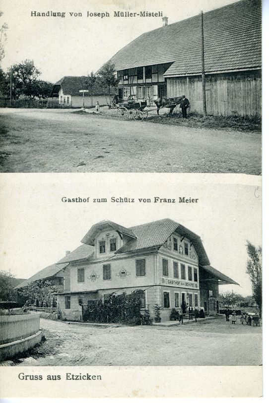 Ansichtskarte, gestempelt 1911. Sie bildet oben die Handlung von Josef Müller-Misteli, Mitglied der achten Generation, ab; die untere Hälfte zeigt eine Fotografie einer der beiden Dorfgasthöfe